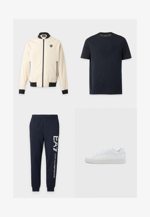 Lysebeige bomberjakke med sort krave, manchetter, kant, frontlynlås, lynlåslommer i siderne og lille EA7-logo på brystet.; Sort T-shirt med korte ærmer og rund halsudskæring med et diskret præget ørnelogo på brystet og et mærke med brandnavn indeni kraven.; Mørkeblå bomuldsjoggers med elastisk talje, indsnørede ben og kontrasterende hvide EA7- og Emporio Armani-logoer trykt langs siden.; Hvide sneakers i lav model og læder med rund snude, flade snørebånd, tekstureret sål og diskret guldfarvet logo på siden. Glat overflade og minimalistisk design.
