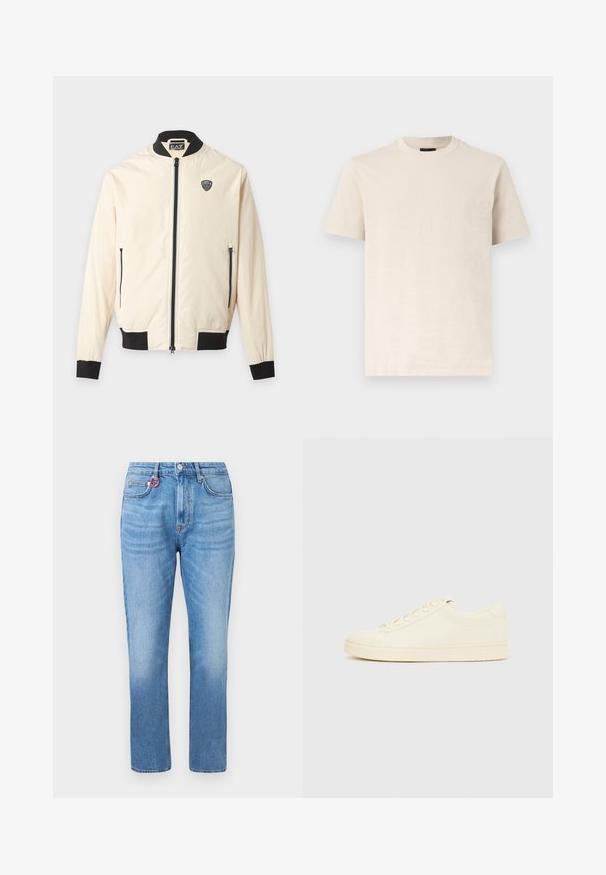 Veste bomber beige clair avec col, poignets, ourlet noirs, fermeture éclair sur le devant, poches latérales zippées et petit logo EA7 sur la poitrine.; T-shirt beige à manches courtes et col rond avec un logo texturé subtil sur le côté gauche de la poitrine, présenté sur un fond blanc uni.; Jean droit bleu clair à taille haute, avec poches avant, fermeture à boutons, et un petit anneau rouge sur la boucle de ceinture avant droite.; Baskets couleur crème avec une tige en cuir lisse, bout arrondi, laçage à l'avant et semelle en caoutchouc texturée. Design minimaliste, sans logo.