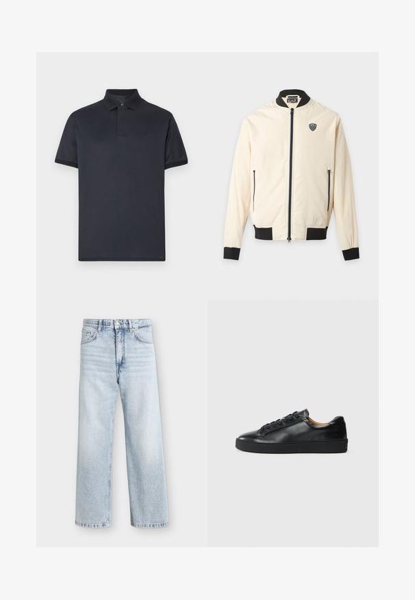 Veste bomber beige clair avec col, poignets, ourlet noirs, fermeture éclair sur le devant, poches latérales zippées et petit logo EA7 sur la poitrine.; Polo bleu marine en coton doux. Il présente un col classique, des manches courtes et un logo discret sur la poitrine.; Jean bleu clair taille haute jambes larges avec bouton et fermeture éclair à l’avant, deux poches avant et passants de ceinture.; Baskets en cuir noir avec une texture lisse, bout rond et fermeture à lacets. Comprend une semelle en caoutchouc épaisse et un minimum de détails de marque.