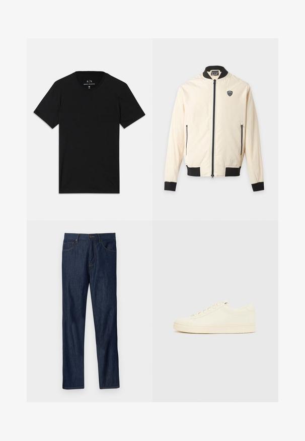 Cazadora bomber beige clara con cuello, puños y bajo negros, cremallera frontal, bolsillos laterales con cremallera y pequeño logo EA7 en el pecho.; Camiseta negra de algodón, con mangas cortas, cuello redondo y una etiqueta con el logo de la marca en el cuello interior.; Jeans de mezclilla azul oscuro de pierna recta con bolsillos delanteros, trabillas para cinturón y cierre de botón sobre un fondo gris claro.; Zapatilla de color crema con parte superior de cuero liso, puntera redondeada, cierre de cordones y suela de goma texturizada. Diseño minimalista, sin logotipos.
