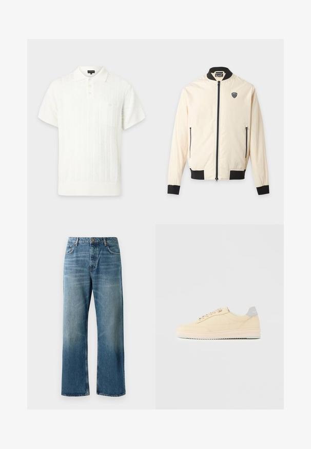 Veste bomber beige clair avec col, poignets, ourlet noirs, fermeture éclair sur le devant, poches latérales zippées et petit logo EA7 sur la poitrine.; Polo blanc à manches courtes avec motif en maille texturée, patte de boutonnage à trois boutons, col et poche poitrine boutonnée.; Jeans oversize bleu clair avec un délavage, featuring une fermeture à un bouton, cinq poches et des coutures contrastées.; Baskets basses beige à lacets, semelle rose clair et languette grise à l'arrière marquée "Filling Pieces", vues de profil sur fond uni.