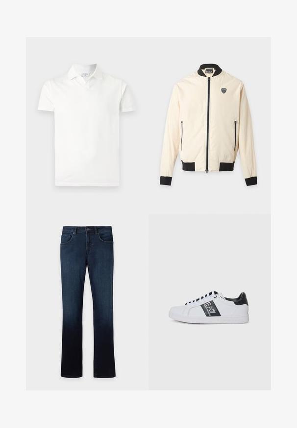 Veste bomber beige clair avec col, poignets, ourlet noirs, fermeture éclair sur le devant, poches latérales zippées et petit logo EA7 sur la poitrine.; Polo blanc à manches courtes avec col et une petite étiquette à l'intérieur du col indiquant « FILIPPA K », présenté sur un fond clair uni.; Jean en denim bleu foncé légèrement délavé, style cinq poches, fermeture bouton et zip, coupe droite.; Baskets blanches avec un accent noir et un logo sur le côté, présentant un design classique à lacets et un matériau synthétique lisse.