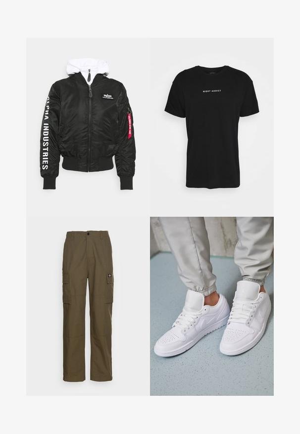Sort bomberjakke med en hvid hætte, der har en frontal lynlås, ribbede manchetter, Alpha Industries logo og en rød lynlåstræk detalje.; Sort bomulds T-shirt med korte ærmer og rund halsudskæring. Har teksten "NIGHT ADDICT" i hvid, centreret på brystet.; Cargo bukser i olivengrøn, lavet af slidstærkt stof. Har to sidelommer, en standard talje og en lige ben design.; Hvide lædersneakers har en perforeret tåboks, flade snørebånd, polstret krave og Jordan-logoet på tungen. Båret med grå joggers.