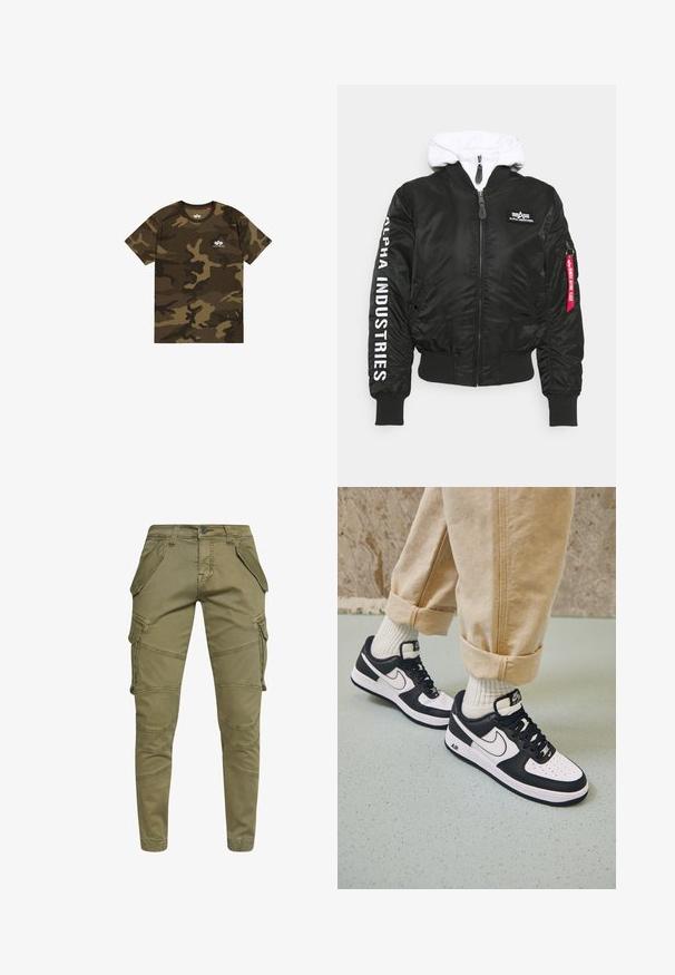 Zwarte bomberjack met een witte capuchon, voorzien van een rits aan de voorkant, geribde manchetten, het Alpha Industries-logo en een rode ritslip.; Camo t-shirt in olijfgroen, bruin en zwart, met korte mouwen, ronde halslijn, voorzien van een klein wit logo op de borst. Zacht katoenen materiaal.; Olijfgroene cargo broek van een katoenmix met meerdere zijzakken, tapered ontwerp en gedetailleerde stiksels langs de benen.; Zwart-witte Nike Air Force 1 sneakers met een leren bovenwerk, geperforeerde neus en gestructureerde zooldetails, gedragen met opgerolde beige broek en witte sokken.