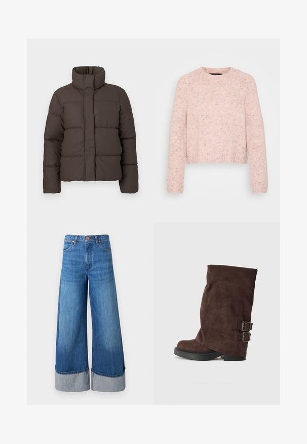 Brun polstret jakke med høj krave, struktureret design, lodrette sømme og en glat tekstur. Har en frontlukning uden udvendige lommer.; Lyserød sweater lavet af tekstureret strikkemateriale, med rund halsudskæring og ribbede manchetter samt en let cropped kant.; Vide ben denim jeans i mellemblå. Har en høj talje, opkrøllede nederste kanter i lysere denim og klassisk fem-lomme design med metal accenter.; Brun ruskinds ankelstøvle med et slouchy design, der har to sølvspænder på siden og en flad sort gummisål.