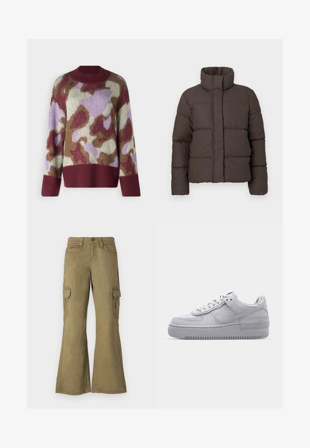 Veste rembourrée marron avec col haut, design structuré, coutures verticales et texture lisse. Dispose d'une fermeture à l'avant sans poches extérieures.; YAS Knitted YASTORIO - Pullover - port; Pantalons cargo en vert olive, fabriqués en coton. Caractéristiques : jambes évasées, plusieurs poches latérales et un bouton de fermeture à la taille.; Basket en cuir lisse gris Nike Air Force 1 avec un bout perforé, une semelle épaisse et un détail 'AIR' en relief sur le talon.