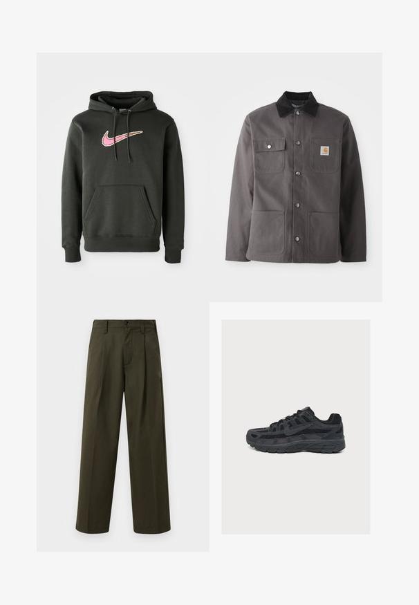Dunkelgraue Arbeitsjacke mit einem Cordkragen, zwei Fronttaschen, Druckknöpfen und einem Patch-Logo auf der linken Brust.; Dunkelgrauer Hoodie aus Baumwollmischung, mit einem großen pinken und braunen Nike-Logo auf der Brust, einer Fronttasche und einer Kordelzugkapuze.; Olivgrüne weit geschnittene Hosen aus Baumwolle mit glatter Textur, ausgestattet mit einer Fronttasche, Gürtelschlaufen und einem einzigen Knopfverschluss.; Schwarzer Nike Laufschuh mit geschichtetem Mesh- und Wildleder-Obermaterial, detaillierter Sohle und sichtbarem Nike Swoosh an der Seite.