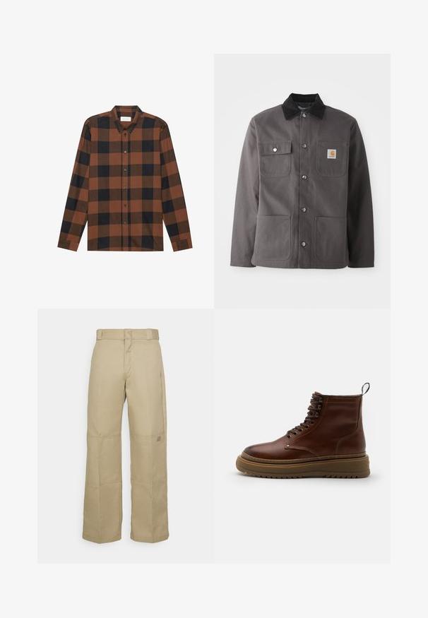 Blouson de travail gris foncé avec un col en velours côtelé, deux poches avant, des boutons-pression et un logo en patch sur la poitrine gauche.; Chemise à manches longues à carreaux marron et noir en tissu, avec un col à rabat et une patte de boutonnage ; présente des manches à poignets.; Pantalons larges beiges en tissu résistant, dotés d'une taille haute, de coutures visibles et d'un petit logo sur le côté.; Botte de cheville en cuir marron avec bout rond, lacets à l'avant, col rembourré et semelle en caoutchouc épaisse avec un motif strié.