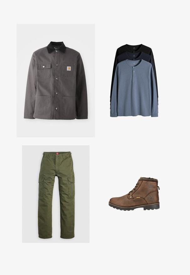 Blouson de travail gris foncé avec un col en velours côtelé, deux poches avant, des boutons-pression et un logo en patch sur la poitrine gauche.; Trois chemises henley manches longues en gris, bleu marine et noir, superposées avec des pattes boutonnées au col.; Pantalons cargo vert olive en tissu durable, dotés de poches latérales, d'une fermeture à bouton et d'une coupe droite.; Bottine en cuir marron avec bout rond, design à lacets, col rembourré et semelle en caoutchouc texturée. Présente un logo et des accents en métal.
