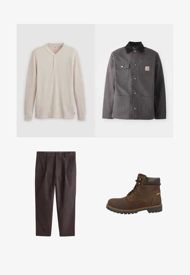 Dunkelgraue Arbeitsjacke mit einem Cordkragen, zwei Fronttaschen, Druckknöpfen und einem Patch-Logo auf der linken Brust.; Langärmliges Henley-Shirt aus leicht beigem Rippstoff mit V-Ausschnitt, Knopfleiste mit drei Knöpfen und angeschnittenen Ärmeln. Roter Logo-Tag am Saum.; Braune Herrenanzughose mit dezentem Karomuster, Knopfverschluss, Seitentaschen und Gürtelschlaufen, flach auf weißem Hintergrund liegend.; Brauner Leder-Stiefelette mit gepolstertem Kragen, Metallösen und Gummisohle mit tiefem Profil. Kontrastnähte und Logodetail.