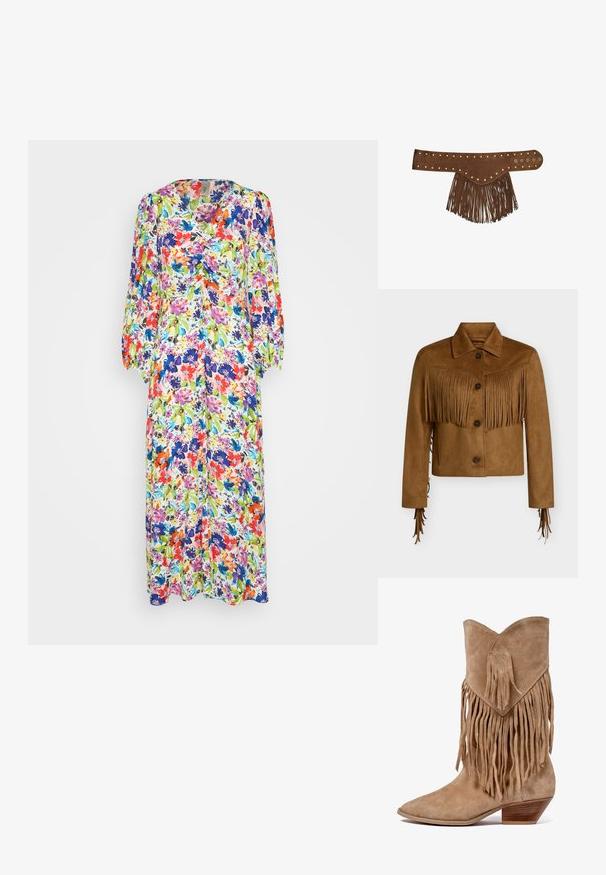 Hnedá zamatová krátka bunda so zapínaním na gombíky, špicatým golierom a strapcami na hrudi a rukávoch.; YAS YASBITTER LONG DRESS - Maxi šaty - bright white/bitter; Hnedé suede cowboy čižmy s strapcovými akcentmi, špicatou špičkou a nízkym zvinutým opätkom. Obsahuje diamantový tvar nášivky na manžete.; Hnedý semišový opasok so zlatými cvokmi a dlhými strapcami visiace z stredu, zapínaný na niekoľko cvokov.