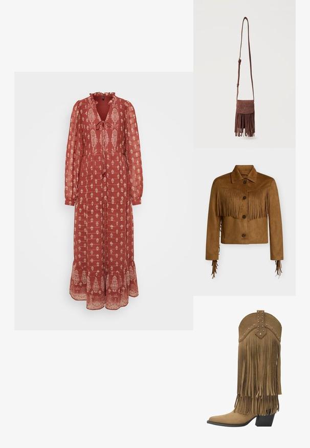 Veste courte en daim marron avec fermeture à boutons, col pointu et détails à franges sur la poitrine et les manches.; Robe rouge à manches longues avec un col froncé, un détail à nouer et un motif floral blanc. Ourlet évasé avec des accents décoratifs en bas.; Botte de cowboy en daim beige avec des franges superposées, des clous métalliques sur le haut, un bout pointu et un talon empilé noir.; Sac bandoulière en suède marron avec longue sangle, motif décoratif cousu sur le rabat, et franges pendantes le long du bord inférieur.
