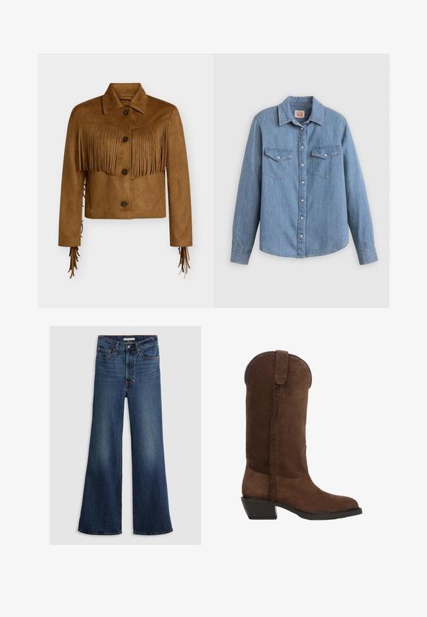Veste courte en daim marron avec fermeture à boutons, col pointu et détails à franges sur la poitrine et les manches.; Chemise en denim bleu clair à manches longues, boutonnée à l'avant, avec deux poches poitrine et un col classique. Texture lisse et coupe décontractée.; Jean large en denim bleu foncé, avec une taille haute, un design à cinq poches et des coutures contrastantes le long des coutures et de la ceinture.; Bottes de cowboy en suède marron avec une tige haute, un détail de franges latérales et un talon bloc. Texture lisse et design à bout arrondi.