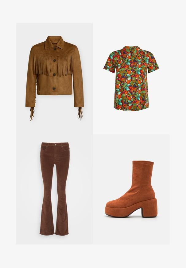 Chaqueta corta de ante marrón con cierre de botones, cuello puntiagudo y detalles de flecos en el pecho y las mangas.; Camisa de manga corta con botones y un vibrante patrón de frutas y hojas en naranja, verde y azul verdoso sobre fondo oscuro.; Jeans de pana marrones acampanados con una textura suave, cinco bolsillos y un único botón de metal en la cinturilla.; Botas de tobillo de ante marrón con tacón ancho y suela de plataforma. La parte superior presenta una textura suave y detalles de costura, llegando hasta la mitad de la pantorrilla.