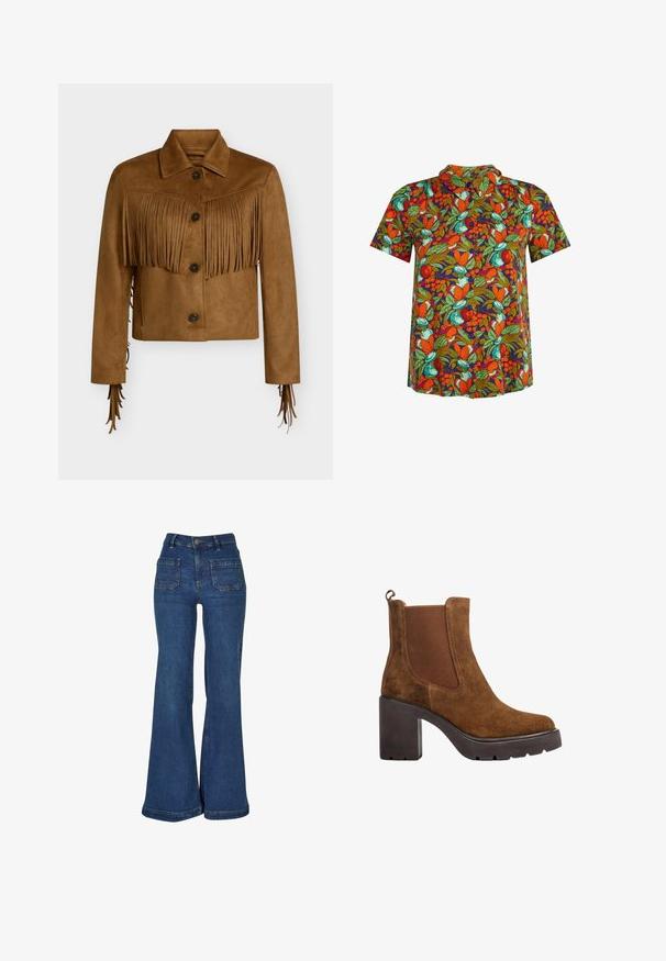 Veste courte en daim marron avec fermeture à boutons, col pointu et détails à franges sur la poitrine et les manches.; Chemise à manches courtes boutonnée avec un motif vibrant de fruits orange, verts et bleu sarcelle sur fond sombre.; Jean en denim bleu taille haute avec jambes évasées larges, poches plaquées à l'avant, passants de ceinture et fermeture par bouton.; Bottine en daim marron avec talon noir épais, panneau latéral élastique et languette à l’arrière, vue de profil sur fond blanc.