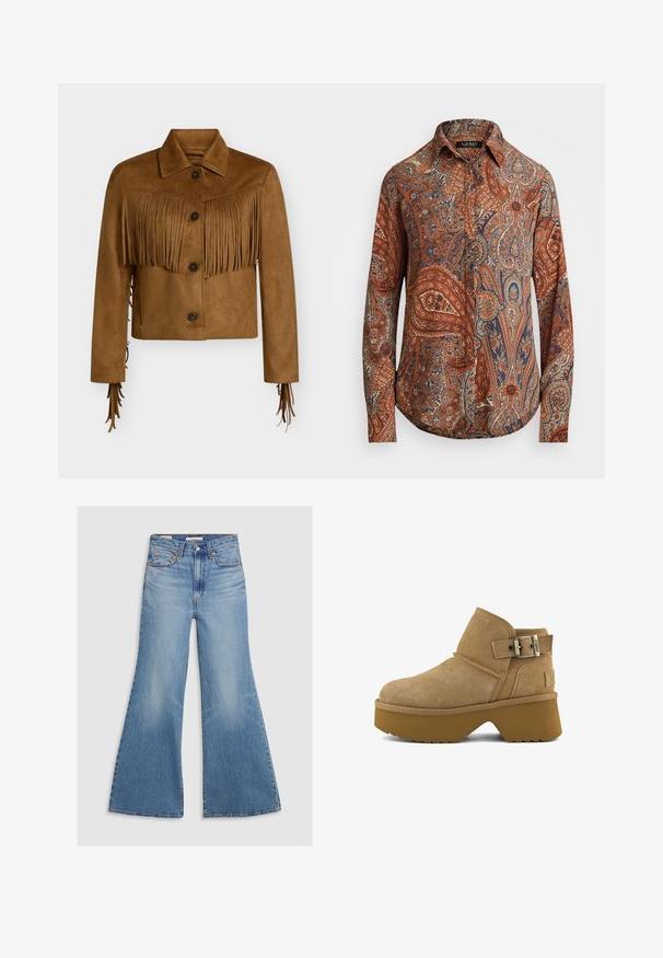 Brun ruskind cropped jakke med knaplukning, spids krave og frynse detaljer på tværs af bryst og ærmer.; Langærmet skjorte i brun med indviklede paisley-mønstre i blå og creme. Har en klassisk krave og knaplukning foran.; Lysvasket denim flared jeans med høj talje, frontlommer og bronze hardware. Stoffet har en falmet tekstur med en glat finish.; Tan suede ankelstøvle med chunky platformsål og justerbar spænde rem på siden, vist i profil på hvid baggrund.