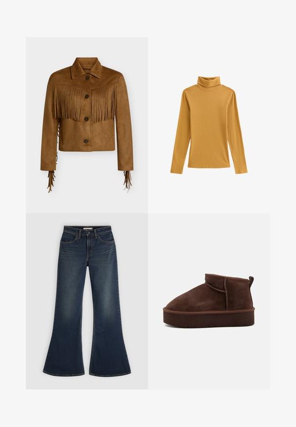 Bruine suède cropped jas met knoopsluiting, puntige kraag en franjes over borst en mouwen.; Mosterdgele coltrui van geribbelde stof, met lange mouwen en een nauwsluitend model. Soepele textuur met een hoge halslijn.; Donkerblauwe wijde jeans met knoop- en ritssluiting, riemlussen, voorzakken en subtiele vervaagde details op de dijen.; Bruine suède enkellaars met een ronde teen, zachte textuur en een dikke plateauzool. Beschikt over een subtiele naaddetail en een achterste lus om aan te trekken.