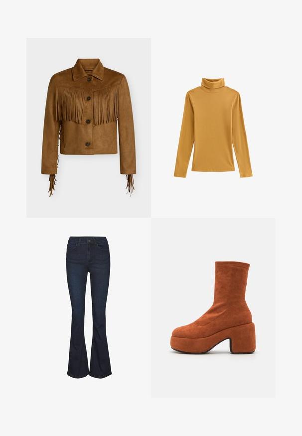 Veste courte en daim marron avec fermeture à boutons, col pointu et détails à franges sur la poitrine et les manches.; Haut à col roulé jaune moutarde en tissu côtelé, présentant des manches longues et une coupe ajustée. Texture lisse avec un col montant.; Jean en denim bleu foncé évasé avec une taille haute, doté de cinq poches et de détails de couture subtils. Texture lisse avec un design classique.; Bottes chelsea en daim marron avec un talon bloc et une semelle plateforme. L'empeigne présente une texture lisse et des détails de coutures, s'étendant jusqu'au milieu du mollet.