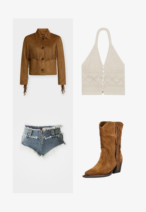 Brun ruskind cropped jakke med knaplukning, spids krave og frynse detaljer på tværs af bryst og ærmer.; Strikket halterneck-top i creme, med et geometrisk mønster, dyb V-udskæring og fem knapper foran med en tekstureret finish i kanten.; Jeansshorts med frynset kant, høj talje, lynlås foran og to forlommer. Materialet er en falmet blå denim med slidte detaljer.; Brune ruskinds cowboystøvle med frynser på siden og skrå blokhæl på en hvid baggrund.