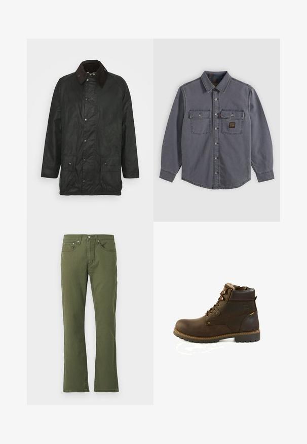 Barbour BEAUFORT - Kurzmantel - sage; Langärmliges dunkelgraues Hemd mit Knöpfen und Kragen, zwei Brusttaschen mit Klappen und Knöpfen sowie einem kleinen rechteckigen Aufnäher auf der rechten Tasche.; Olivgrüne Schlagjeans aus Baumwolle mit glatter Textur; verfügen über fünf Taschen, einen Knopfverschluss und dezente Stickdetails.; Brauner Leder-Schnürstiefel bis zum Knöchel mit gepolstertem Kragen, Fleece-Futter und robuster Profilsohle, entwickelt für den Außenbereich oder Wintergebrauch.