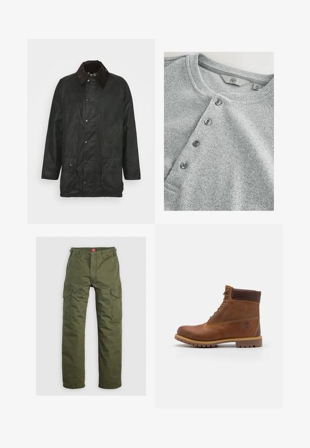 Barbour BEAUFORT - Kurzmantel - sage; Graues, gestricktes Langarmshirt mit Rundhalsausschnitt, fünf Knöpfen, gerippter Textur und schlankem Schnitt. Das Etikett zeigt Größe M an.; Olivgrüne Cargo-Hosen aus strapazierfähigem Material, mit Seitentaschen, Knopfverschluss und geradem Bein.; Braune Lederwanderschuhe mit glatter Oberfläche, gepolstertem Knöchel, Metallösen und einer Gummisohle mit robustem Profil.