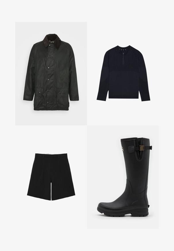 Barbour BEAUFORT - Kurzmantel - sage; Langärmliges, dunkelblaues Oberteil mit einem halben Reißverschluss am Kragen. Verfügt über strukturierte Rippmuster entlang der Schultern und Ärmel, mit einer taillierten Silhouette.; Schwarze, maßgeschneiderte Shorts mit Gürtelschlaufen, vorderen Falten und Seitentaschen, flach auf einem weißen Hintergrund liegend.; Barbour TEMPEST TALL WELLY - Gummistiefel - black