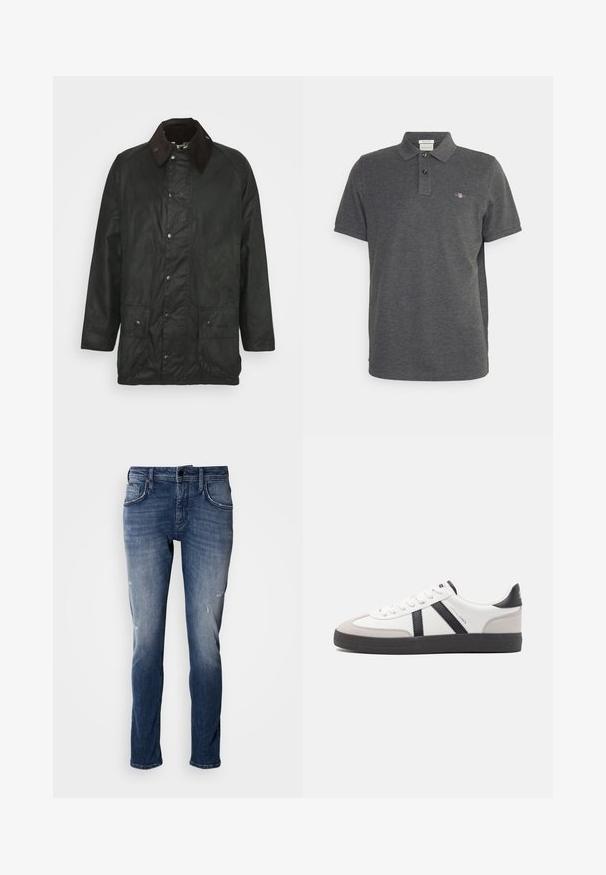 Barbour BEAUFORT - Kurzmantel - sage; Graues Poloshirt aus weicher Baumwolle, mit einer Dreiknopf-Leiste, kurzen Ärmeln und einem kleinen gestickten Logo auf der Brust.; Antony Morato KURT COMFORT - Jeans Tapered Fit - blue denim; Weiße Sneaker mit schwarz- und grau-aczenten, ausgestattet mit einer strukturierten grauen Zehenkappe, schwarzer Gummi-Sohle und flachen weißen Schnürsenkeln. Sauberes Design, minimalistische Stil.