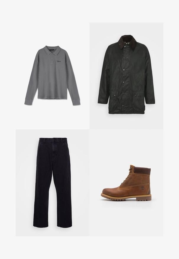 Barbour BEAUFORT - Kurzmantel - sage; Langarm-Polohemd aus gestreiftem grauem Stoff. Verfügt über einen Kragen, eine Drei-Knopf-Leiste und dezente schwarze Markenkennzeichnung auf der Brust.; Schwarze Jeanshose mit geradem Bein, ausgestattet mit einem Knopf- und Reißverschluss, Gürtelschlaufen und minimalen Nähdetails.; Braune Lederwanderschuhe mit glatter Oberfläche, gepolstertem Knöchel, Metallösen und einer Gummisohle mit robustem Profil.