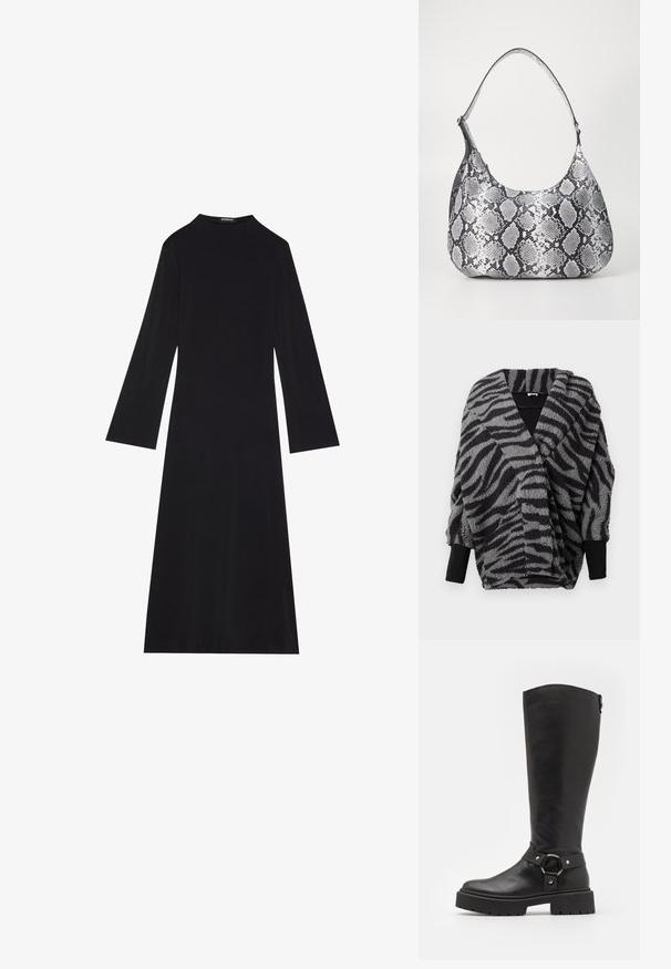 Flauschige, schwarz-graue zebra gestreifte Wickelbluse mit tiefem V-Ausschnitt, strukturiertem Stoff und schwarzen Rippbündchen. Anpassungsfähiges und gemütliches Design.; Schwarzes Langarmkleid aus Rippstoff, mit hohem Halsausschnitt und ausgestellter Silhouette in mittellanger Länge.; Kniehohe schwarze Lederstiefel mit einem runden Schnallenakzent. Sie verfügen über eine robuste Sohle und eine strukturierte Oberfläche, mit einem glatten Schaft und einem verstellbaren Riemen.; Schultertasche im schwarz-weißen Schlangenprint mit runder Form, glatter Textur und gebogenem Tragegurt. Mit einem silbernen Hardware-Akzent.