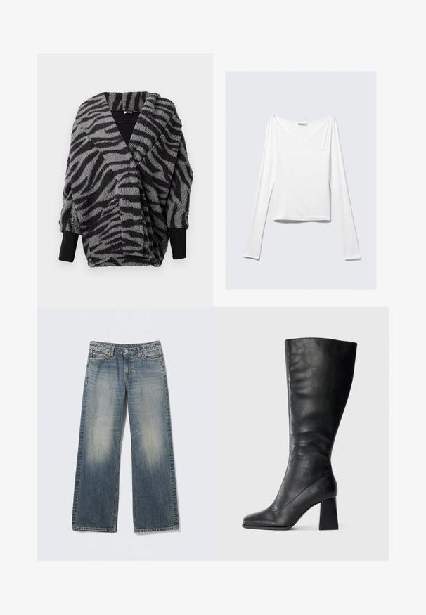 Flauschige, schwarz-graue zebra gestreifte Wickelbluse mit tiefem V-Ausschnitt, strukturiertem Stoff und schwarzen Rippbündchen. Anpassungsfähiges und gemütliches Design.; Weißes Langarmoberteil mit einem Überlappungsdesign und einer Tasche. Hergestellt aus einem glatten, elastischen Material. In einem lässigen, entspannten Schnitt.; Hellblaue Jeans mit weitem Bein aus Denim. Verwaschene Bereiche an Oberschenkeln und Knien. Standardbund mit fünf Taschen und Metallakzenten.; Schwarzer kniehoher Stiefel aus glattem Leder mit quadratischer Schuhspitze und klobigem Blockabsatz. Einfaches Design ohne Verzierungen.