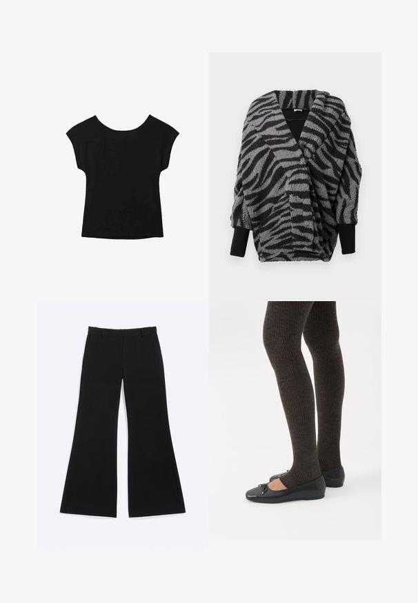 Haut enveloppant flou noir et gris à rayures zèbres, présentant un décolleté en V profond, un tissu texturé et des poignets en côtes noires. Design adaptable et confortable.; Haut noir à manches courtes avec un large col et une coupe ample. Fabriqué en tissu doux sans motifs ni embellissements visibles.; Pantalon noir à larges jambes avec passants pour ceinture et poches latérales, présenté à plat sur un fond blanc.; Jambes portant des leggings côtelés foncés associés à des ballerines noires avec de petits détails en nœud sur fond blanc.