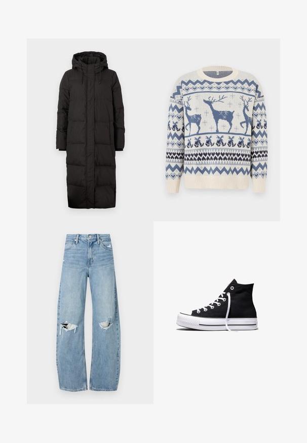 Doudoune noire avec capuche, présentant un design long, une texture matelassée, des accents à cordon de serrage et des poignets à côtes.; Pull en tricot avec un fond crème orné de rennes bleus et de motifs géométriques. Poignets et ourlet côtelés. Texture douce.; Jeans en denim bleu clair à taille haute. Présentent des jambes larges, deux zones déchirées aux genoux et un style classique à cinq poches.; Baskets montantes en toile noire avec semelle en caoutchouc blanche et lacets blancs, vues de côté sur un fond blanc.