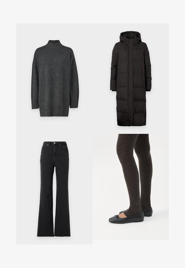 Sort pufferjakke med hætte, der har et langt design, quiltet tekstur, snorede detaljer og ribbede mansjetter.; Mørkegrå, oversized turtleneck sweater lavet af blødt strikkemateriale med lange ærmer og ribbet kant; glat tekstur, minimalistisk design.; Sorte højtaljede denimjeans med flagrende ben, frontknap og fem-lommet design mod en helt hvid baggrund.; Ben iført mørke ribbede leggings kombineret med sorte balletsko med små sløjfedetaljer på hvid baggrund.