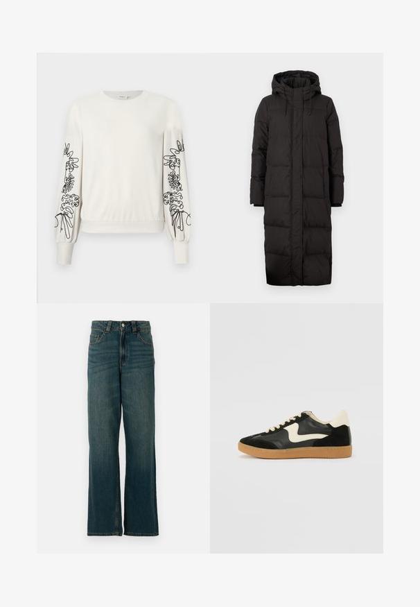 Doudoune noire avec capuche, présentant un design long, une texture matelassée, des accents à cordon de serrage et des poignets à côtes.; Sweatshirt blanc à manches longues avec broderie florale abstraite noire sur les manches et bord-côtes au niveau des poignets et de l'ourlet.; Jean en denim bleu à jambes droites avec cinq poches et une fermeture à bouton, présenté sur un fond blanc.; Baskets en daim et cuir noir avec un swoosh latéral crème et un talon crème clair. Dotées de lacets beige et d'une semelle en caoutchouc gomme.