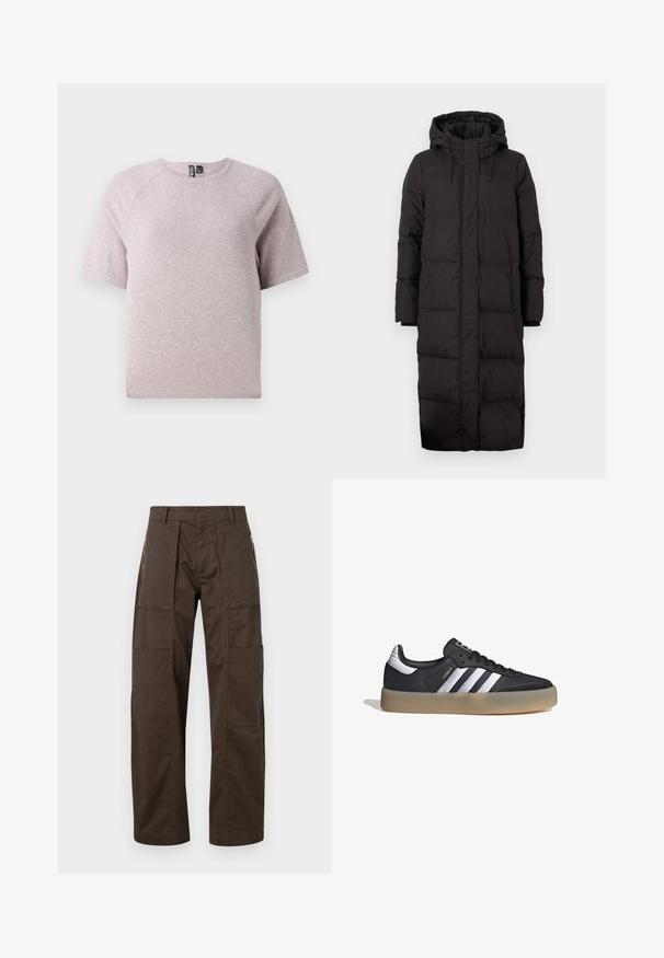 Abrigo puffer negro con capucha, diseñado en un largo, con textura acolchada, detalles de cordones y puños de manga acanalados.; Camiseta de manga corta color beige claro, hecha de una tela suave y texturada, con un escote redondo y mangas raglán.; Pantalones cargo marrones hechos de una tela resistente, con múltiples bolsillos, un corte relajado y detalles de costura prominentes para mayor durabilidad.; Zapatilla deportiva de cuero negro con tres rayas plateadas, punta texturizada y suela de goma. Cuenta con un collar acolchado y un diseño con cordones.