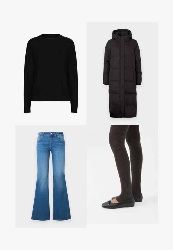 Doudoune noire avec capuche, présentant un design long, une texture matelassée, des accents à cordon de serrage et des poignets à côtes.; Pull noir à manches longues avec col rond, col, poignets et ourlet côtelés, fabriqué en tissu doux et texturé.; Jean en denim bleu évasé avec une taille mi-haute, cinq poches et des détails décolorés sur les cuisses. Accents en métal argenté sur les boutons.; Jambes portant des leggings côtelés foncés associés à des ballerines noires avec de petits détails en nœud sur fond blanc.