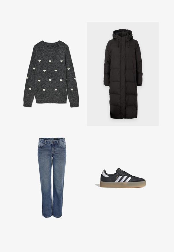 Abrigo puffer negro con capucha, diseñado en un largo, con textura acolchada, detalles de cordones y puños de manga acanalados.; Jersey gris con cuello redondo y mangas largas, con un patrón repetido de pequeños corazones blancos por todo el tejido. Tela de textura suave.; Jeans de denim azul con corte recto, que presentan un diseño clásico de cinco bolsillos, costuras sutiles y un cierre de botones.; Zapatilla deportiva de cuero negro con tres rayas plateadas, punta texturizada y suela de goma. Cuenta con un collar acolchado y un diseño con cordones.