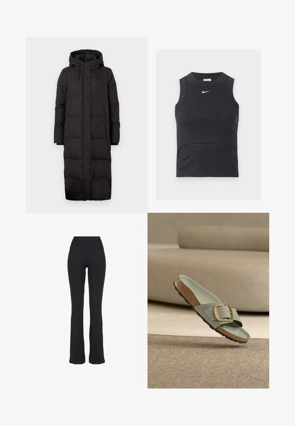 Sort pufferjakke med hætte, der har et langt design, quiltet tekstur, snorede detaljer og ribbede mansjetter.; Sort ærmeløs cropped sportstop med ribbet tekstur og hvid Nike swoosh-logo på brystet.; Sorte højtaljede, tætsiddende yogabukser med udvidede ben, præsenteret mod en hvid baggrund.; Enkelt lysegråt slip-in sandal med korksål og stor guldlås, der svæver over et struktureret beige tæppe med en beige sofa i baggrunden.