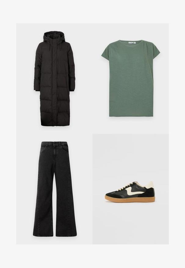 Schwarze Daunenjacke mit Kapuze, langer Schnitt, gestepptes Design, Zugbandakzente und gerippte Ärmelbündchen.; Ein schlichtes T-Shirt mit kurzen Ärmeln und Rundhalsausschnitt in gedämpftem Olivgrün, flach auf einem weißen Hintergrund gelegt.; Hochtaillierte schwarze Jeans aus Denim mit weitem Bein, ausgestattet mit Fronttaschen und einem Knopfverschluss an der Taille.; Schwarze Wildleder- und Leder-Sneaker mit einem cremefarbenen Seiten-Swoosh und einer hellcremefarbenen Ferse. Ausgestattet mit beige Schnürsenkeln und einer Gummilaufsohle.
