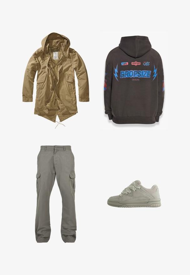Tan lichtgewicht parka jack met een capuchon, voorzien van voorste drukknoopzakken, een ritssluiting, een trekkoordonderkant en een zachte binnenvoering.; Donkergrijze hoodie met grote blauwe "DROPSIZE" tekst en kleurrijke graphics. Voorzien van een capuchon, geribbelde mouwen en verschillende geprinte patches.; Lichtgrijze cargobroek van katoen, met twee zijzakken, twee cargozakken, een rechte pijp en een ritssluiting.; Laag model grijze sneaker met dikke, gestructureerde veters, gevoerde kraag, gestikte panelen en een geribbeld rubberen zool voor grip.