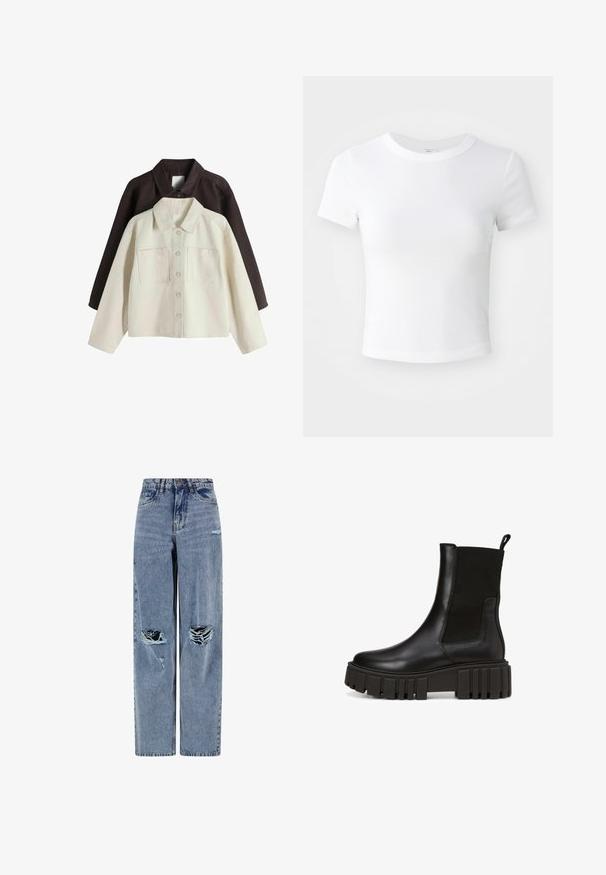 Zwei Jacken mit Knöpfen und Kragen, eine cremefarben vorne und eine dunkelbraun hinten, beide mit Brusttaschen.; Weißes, kurzärmeliges, cropped T-Shirt mit Rundhalsausschnitt, auf einem neutralen, hellen Hintergrund präsentiert.; Blaue Jeans aus Denim mit großen Risslöchern an beiden Knien und leichter Abnutzung am rechten Oberschenkel.; Schwarze Leder Stiefeletten mit einer klobigen Plateausohle und elastischen seitlichen Einsätzen für einen einfachen Einstieg. Dezente Markenkennzeichnung an der Seite.