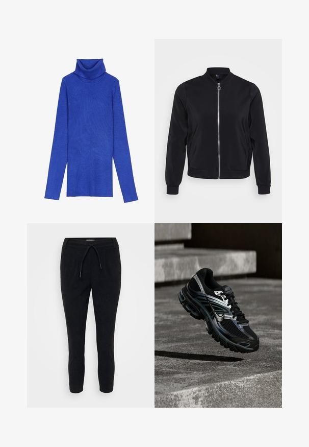Sort bomberjakke i glat stof med ribbet krave, manchetterede ærmer og en lynlås i fronten. Indeholder sidelommer og har et minimalistisk design.; Kongeligt blåt ribstrikket turtleneck-sweater lavet af tekstureret stof med lange ærmer og en fold-over krave, der har en smal pasform.; Sorte corduroy bukser med snor i taljen, tapered ben og tekstureret overflade. Velegnet til afslappet brug.; Sort og sølv Nike løbesko svævende over betontrappe, viser detaljeret design og tekstureret sål i udendørs omgivelser.