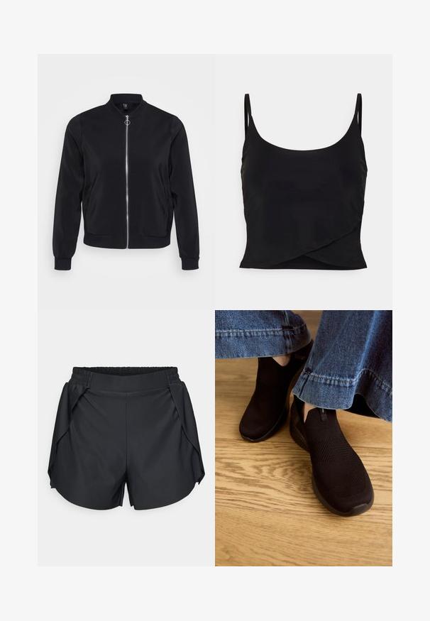 Veste bomber noire en tissu lisse avec un col côtelé, des manches à poignets et une fermeture éclair sur le devant. Elle possède des poches latérales et un design minimaliste.; Even&Odd active Débardeur - black; Shorts noirs avec une taille élastique, dotés de détails drapés sur les côtés. Matière lisse avec un ourlet arrondi. Design décontracté, adapté aux temps chauds.; Chaussures noires à enfiler avec un dessus en tricot texturé et une ouverture élastique. Forme de bout arrondi et semelle rembourrée à profil bas, portées avec un ourlet en denim.