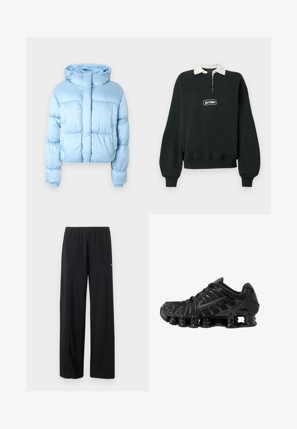 Lyseblå, kort dynejakke med høj hals, elastiske manchetter og lynlås foran. Glat, skinnende stof med syede sektioner.; Sort sweatshirt med lange ærmer, hvid krave, kvart lynlås foran og et centralt logo-patch. Blødt stof med ribkant ved ærmer og kant.; Sorte Nike løse træningsbukser med elastisk talje og diskret hvid swoosh-logo på venstre lår.; Sort atletisk sko med mesh-overdel og glatte overlays. Har buet spiralbøsningsdæmpning og strukturerede linjer på siden. Nike-logoet er synligt.