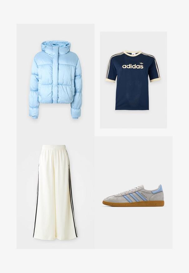 Hele sinine, lühendatud plüüskattega jope kõrge kaelusega, elastsete varrukapaelte ja esise lukuga. Sile ja läikiv kangas õmblustega lõikudega.; Tumesinine Adidas võrgust lühikeste varrukatega särk kreemika äärisega, kolm kreemikat triipu varrukatel ja Adidas logo rinnal.; Valged laiad püksid, millel on elastne vöökoht ja mustad vertikaalsed triibud välisseintel.; Hallhalli suede tossud, millel on helesinised triibud, kummist tallad ja logo aktsendid. Madal disain, ümmargune nina ja paeltesuletav kinnitussüsteem.