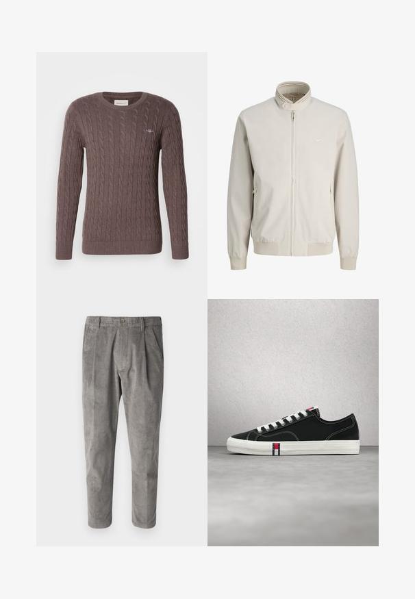 Beige lynlåstrøje med opretstående krave, ribstrikkede manchetter og kant, to sidelommer med lynlås og diskret logo på brystet.; Brun kabelstrikket sweater med rund hals, lange ærmer og rib kant i ærmerne og kanten. Har et lille broderet logo på brystet.; Grå kordfløjlsbukser med et tekstureret vertikalt stribemønster, der har en knaplukning og to sidelommer. Tætsiddende pasform og cropped længde.; Sort lavsko i sneakers-stil med hvide snørebånd og sål, med rød, hvid og blå Tommy Hilfiger-logo på tungen og siden.