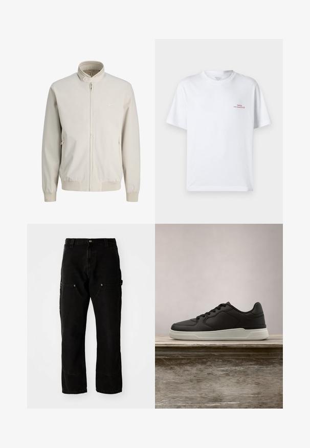 Beige lynlåstrøje med opretstående krave, ribstrikkede manchetter og kant, to sidelommer med lynlås og diskret logo på brystet.; Hvid bomuld T-shirt med korte ærmer, rund hals, der har små røde grafiske tekster på øverste venstre side. Blød tekstur og afslappet pasform.; Sorte denim cargo bukser med en afslappet pasform, der har to frontlommer, sidelommer og synlige sømdetaljer.; Sort sneaker med hvid sål hængende over en træbænk, grønne blade i den slørede baggrund.