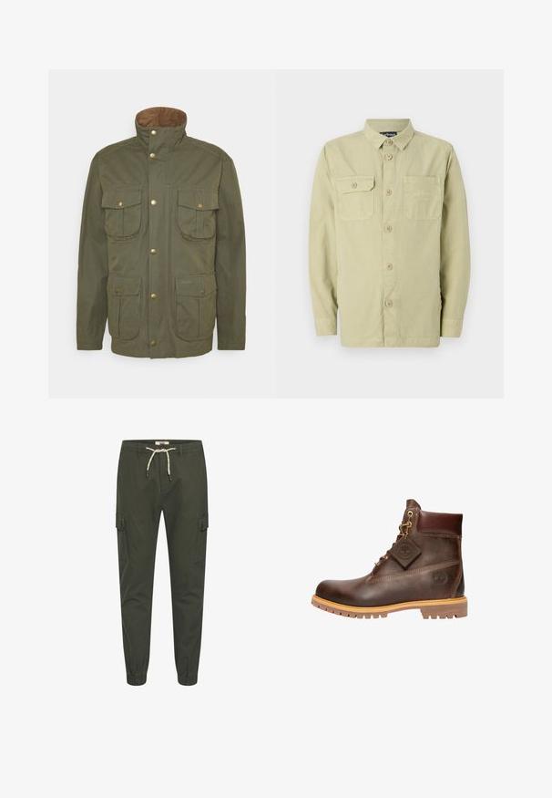 Barbour SANDERLING CASUAL - Καλοκαιρινό μπουφάν - fern; Ανοιχτό πράσινο πουκάμισο μακρυμάνικο με γιακά, δύο τσέπες στο στήθος, κουμπιά μπροστά και άνετη εφαρμογή. Φτιαγμένο από υφασμάτινο υλικό με υφή.; Πράσινα cargo παντελόνια με ρυθμιζόμενη μέση, ελαστικούς μανσέτες και δύο πλαϊνές τσέπες. Φτιαγμένα από ανθεκτικό ύφασμα, κατάλληλα για casual εμφάνιση.; Καφέ δερμάτινο μποτάκι μέχρι τον αστράγαλο με στρογγυλή μύτη, ανθεκτική σόλα, χρυσό εξάρτημα και υφή στην επιφάνεια. Περιλαμβάνει ετικέτα λογότυπου συνημμένη.