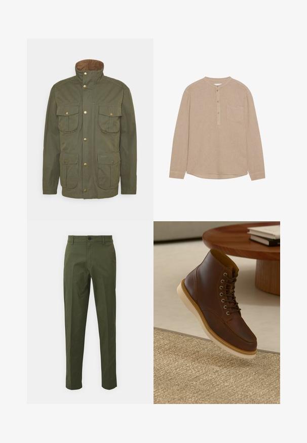 Barbour SANDERLING CASUAL - Suvejakk - fern; Beež pikki varrukate krae, henley tüüpi, nööbitud eesmine klapp, vasaku rinna tasku, pehme tekstuur ja ümar hem.; Oliivrohelised puuvillased püksid sirge jala disainiga, esipaneelis nööpide sulgemisega, küljetaskutega ja minimaalsete õmbluse detailidega.; Pruun nahkane pahkluu saabas beeži tallaga tekstuurse beeži vaiba peal, ümmarguse puust laua kõrval, mille peal on kokku pandud raamatud.