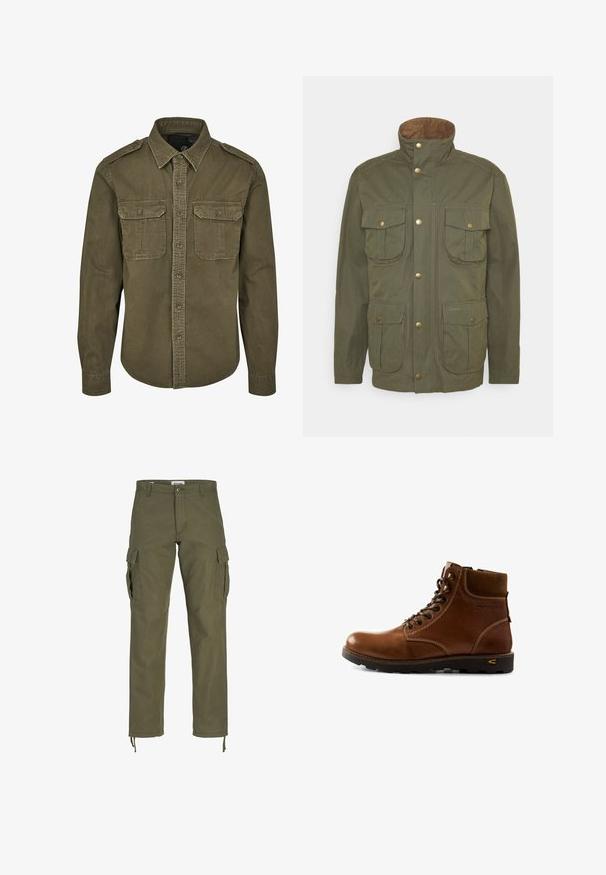 Barbour SANDERLING CASUAL - Lichte jas - fern; Olijf groene button-up shirt van katoen. Heeft een kraag, twee borstzakken met kleppen en gestructureerde schouders met zichtbare stiksels.; Olijfgroene cargobroeken, gemaakt van katoen. Kenmerken zijn meerdere zijzakken, een knoopsluiting en verstelbare hemden bij de enkels.; Leren enkellaars in bruin met gevoerde kraag, vetersluiting en robuuste zwarte zool, ontworpen voor buitenavonturen.
